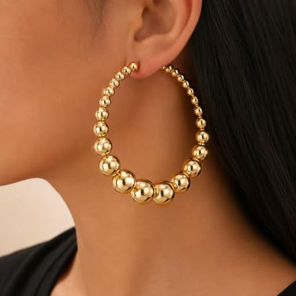 Big Chunky Gold Hoop Earrings for Women Beaded Large Statement Earrings Lightweight Fashion Jewelry Daily Wear Party Gift - color: A:gold Hoop Earrings