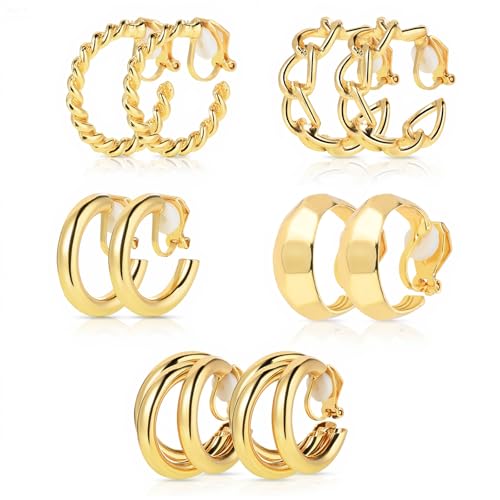 5 Pairs Gold Clip On Hoop Earrings for Women, Stylish Chunky Gold Hoops Earrings Set Golden Clip on Earring No Piercing Fake Earring Set