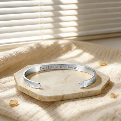 Inspirational Bible Verse Cuff Bracelet for Women, 18K Gold Plated Hammered Bangle, Christian Faith Jewelry Gift, Adjustable Non Tarnish - color: DON'T LET THE HARD DAYS WIN-Silver