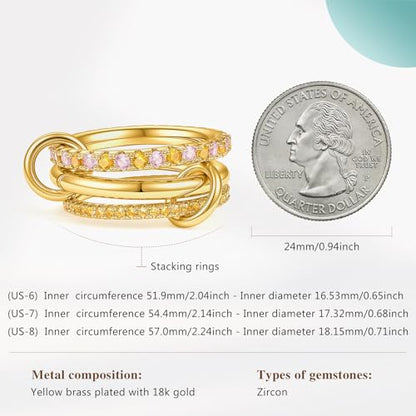 Cicy Bell Interlocking Ring for Women 18k Gold Plated CZ Stack Ring Set - color: Style F-Gold, size: 8