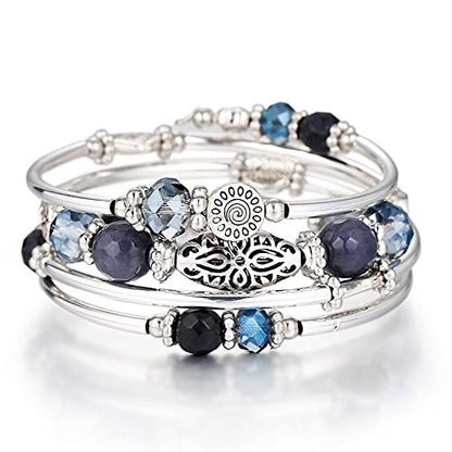 FULU AUTUMN Stackable Beaded Bracelets for Women Boho Wrap Silver Bracelet Layered Fashion Jewelry Gifts for Her - color: Blue