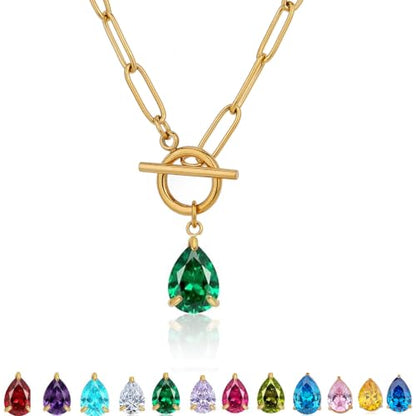 Teardrop CZ Pendant Paperclip Chain Necklace 18K Plated Paperclip Toggle Necklace Jewelry Birthstone Gift for Women - color: Emerald-May