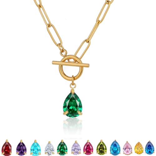 Teardrop CZ Pendant Paperclip Chain Necklace 18K Plated Paperclip Toggle Necklace Jewelry Birthstone Gift for Women - color: Emerald-May