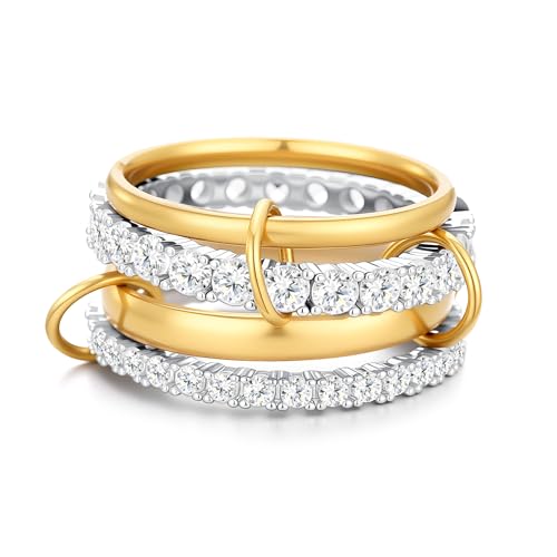 14K Gold Plated Stackable Rings for Women – 4-Piece Mixed Metal Ring Stack Set with Cubic Zirconia, Gold Silver Stacked, Two Tone Connected, Interlocking Statement Jewelry, Size 10
