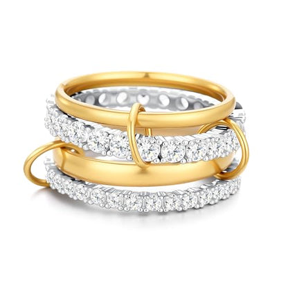 14K Gold Plated Stackable Rings for Women – 4-Piece Mixed Metal Ring Stack Set with Cubic Zirconia, Gold Silver Stacked, Two Tone Connected, Interlocking Statement Jewelry, Size 10