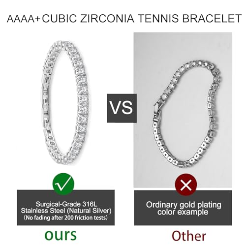 Stainless Steel Adjustable CZ Tennis Bracelet for Women Men | 14K Gold Plated, Round 3mm/4mm/5mm AAAA+ Cubic Zirconia, Dainty Classic, Festival Wedding Jewelry Gift - color: Steel, size: CZ 5mm