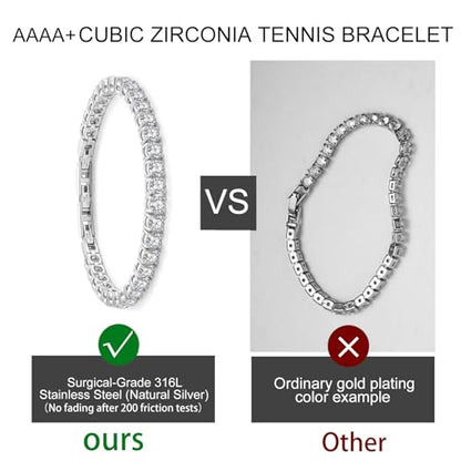 Stainless Steel Adjustable CZ Tennis Bracelet for Women Men | 14K Gold Plated, Round 3mm/4mm/5mm AAAA+ Cubic Zirconia, Dainty Classic, Festival Wedding Jewelry Gift - color: Steel, size: CZ 5mm