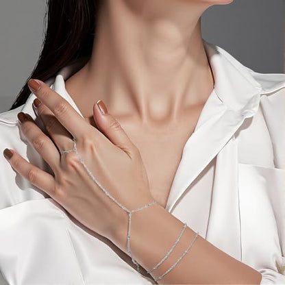 Emibele Gold Bracelets for Women, 18K Gold Plated Hand Chain, Cubic Zirconia Stainless Steel Non Tarnish Hand Chain Bracelet with Finger Ring, Adjustable Trendy Jewelry Valentines Day Gifts for Women - style: Silver