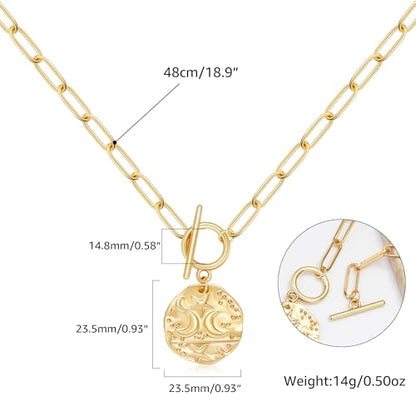 Chunky Gold Necklace for Women, 18K Waterproof Heart Necklace Statement Necklace Gold Charm Necklace Chunky Jewelry Paperclip Chain Choker Gift for Women - style: Star Moon Coin