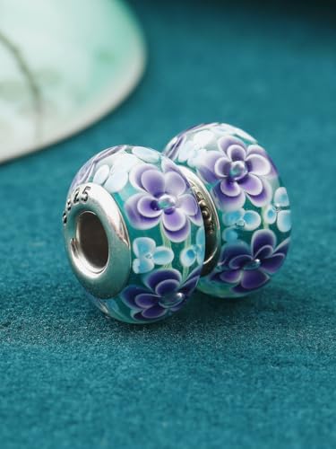 2pcs Authentic 925 Silver Murano Glass Flower Charms for Pandora Bracelets - color: 01-Purple flowers
