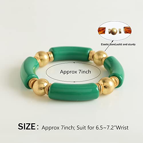 LALAPPLE Gold Plated Beaded Acrylic Bamboo Tube Bangle Bracelets for Women, Colorful Chunky Curved Tube With Gold Plated Pieces Beads Stretch Bracelet Friendship Summer Beach Jewelry - color: V-Grass green&Straw yellow 2pcs
