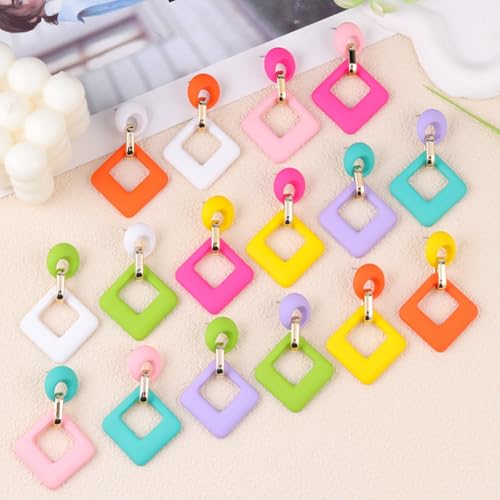 Geometric Square Earrings for Women Lightweight Colorful Color Block Acrylic Chunky Geometric Rectangle Oval Link Chain Statement Earring - style: White Orange Square