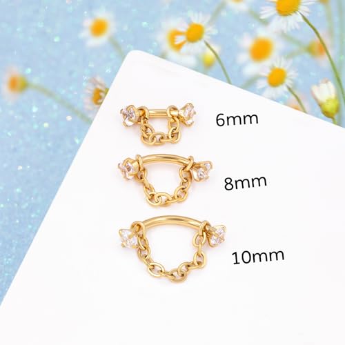 3 Pcs 316L Stainless Steel 16G Tragus Helix Rook Piercing Jewelry with Chain, Cartilage Earrings for Women, Belly Button Ring Vertical Labret Lip Piercing Jewelry - color: Gold, size: Prong Setting