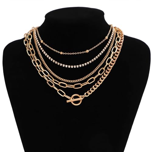 HUASAI Boho Necklaces for Women Dainty Layered Choker Necklace Bohemian Turquoise Necklace Statement Jewelry Western Cowgirl Country Concert Outfits Accessories - color: T Gold Paperclip Chain Necklace