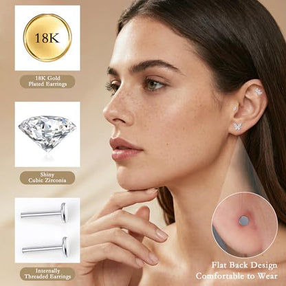 limerencia Titanium Internally Threaded Flat Back Earrings, 3 Pcs Implant Grade Hypoallergenic Studs, 18G Tragus Helix Conch Cartilage Piercing Jewelry for Sensitive Ears Women Men, Gold/Silver - color: Silver-Vibe C