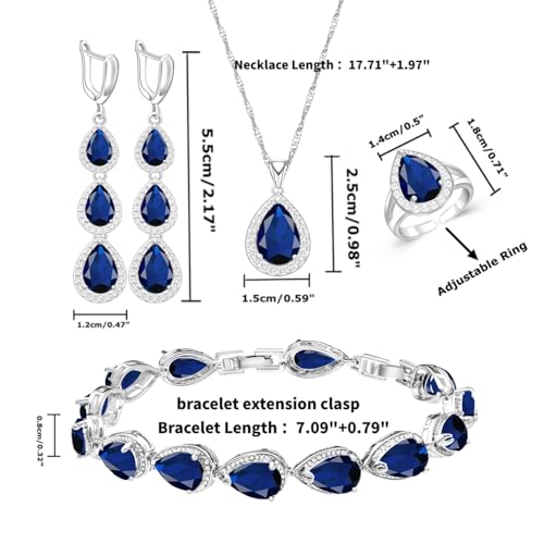 LMXXVJ Necklace Long Earrings Bracelet Set, White Gold Plated Created Blue Sapphire Jewelry Set Wedding Party Gift Jewelry for Women Bridal Bridesmaid - color: White Gold-Blue Ring