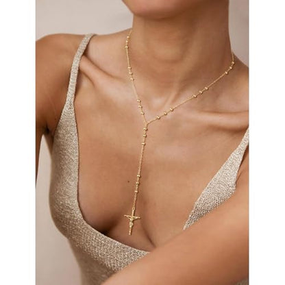 Lariat Gold Necklace for Women, 14K Gold Plated Dainty Drop Y Necklace, Waterproof Non Tarnish Long Layered Beaded Chain Lariat Necklace Prom Jewelry Summer Vacation Gift for Her - color: Gold-7