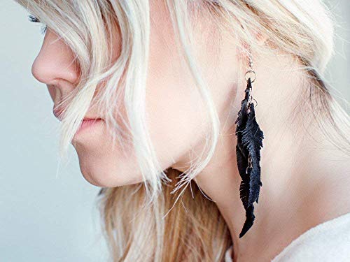 Leather Feather Earrings, Suede layered earrings, boho wedding jewelry, summer earrings, gift for her, dangle earrings - color: black