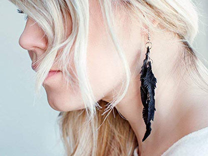 Leather Feather Earrings, Suede layered earrings, boho wedding jewelry, summer earrings, gift for her, dangle earrings - color: black