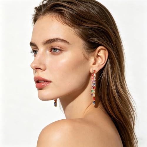 Rhinestone Earrings Dangling for Women Sparkly Silver Dangle Earrings Girls Long Chandelier Earrings Tassel Lightweight Ear Studs Cubic Zirconia (KE001S-W) - color: CZ01 Multicolor