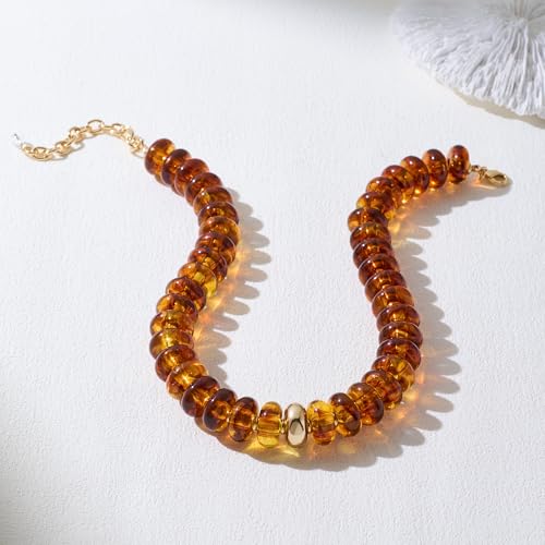 Chunky Colorful Bead Necklace Summer Fashion Statement Boho Beaded Chunky Necklace for Women Adjustable Length Lightweight Cool Suitable for Beach Vacation Daily Wear & Summer Parties - color: Amber