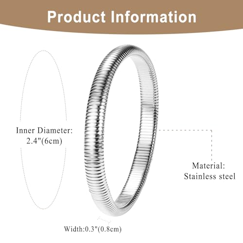 NMQLX Women's Elastic Bangle Bracelets: Stainless Steel Gold Chunky Wristband Bracelets - color: Silver - 8mm