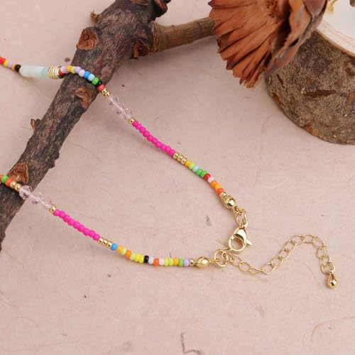 Gold Seed Beaded Necklaces for Women, Boho Handmade Adjustable Colorful Beads Choker Summer Beach Jewelry Gift. - color: Jade
