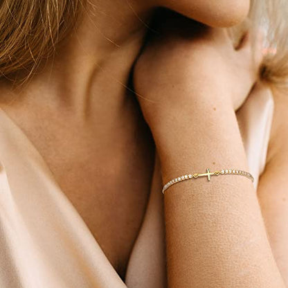 FANZE Gold Plated Cubic Zirconia Tennis Bracelets for Women Dainty Trendy Adjustable Bracelet Jewelry Gift for Ladies Wedding Mother Birthday Anniversary - style: Cross