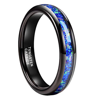 TUTISS 4mm Silver/Black Tungsten Rings for Women Men Engagement Wedding Bands Genuine Blue Green Galaxy Opal Inlay Domed Polished Comfort Fit - color: 4mm Black Tungsten Blue Galaxy Opal