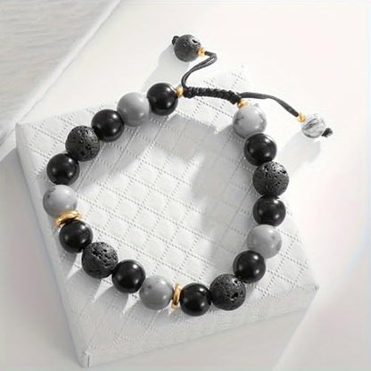 Natural Energy Stone Adjustable Bracelet Lucky Gift for Boyfriend Dad | Mixed agate/lava/picture stone, adjustable braided cord, energy protection as men’s holiday gift