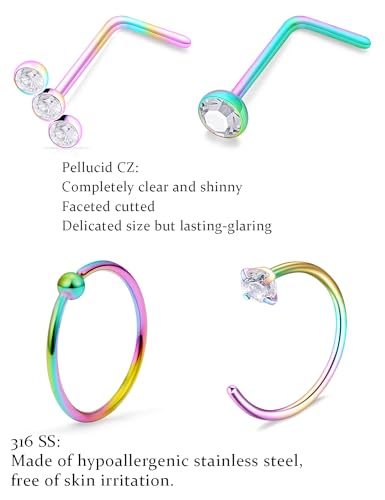 20g Nose Rings Hoops L Shaped Studs Gold/Black/Rainbow Piercings Jewelry for Women Hypoallergenic Surgical Stainless Steel - color: Rainbow