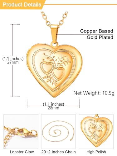 U7 Women Locket Necklace, Heart Photo Lockets Hold Picture, Gift Box Packed | Gold/Silver/Rose Locket Charm, Custom Picture and Engravement Heart Pendant, 20" Chain, Personalized Gift for Mom Wife Friend - color: 03# Gold*2 Heart