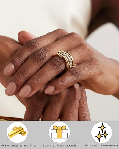 TLY Stackable Gold Rings for Women Interlocking Ring Stack Set non tarnish | 18K Gold Silver Plated Mixed Metal Statement Rings Waterproof Cubic Zirconia Fashion Connected Band Thumb Ring Size 4-11 - color: 04.Sonny set