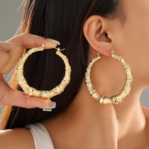 18K Gold Plated Bamboo Hoop Earrings for Women – Large Round Heart Design, 80/90s Ghetto Door Knocker Style, Trendy Hip Hop Jewelry Accessories - color: Gold Hoop 50mm