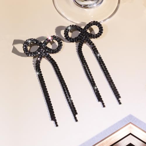 Rhinestone Earrings Dangling for Women Sparkly Silver Dangle Earrings Girls Long Chandelier Earrings Tassel Lightweight Ear Studs Cubic Zirconia (KE001S-W) - color: Bow 516286BK Coating Black