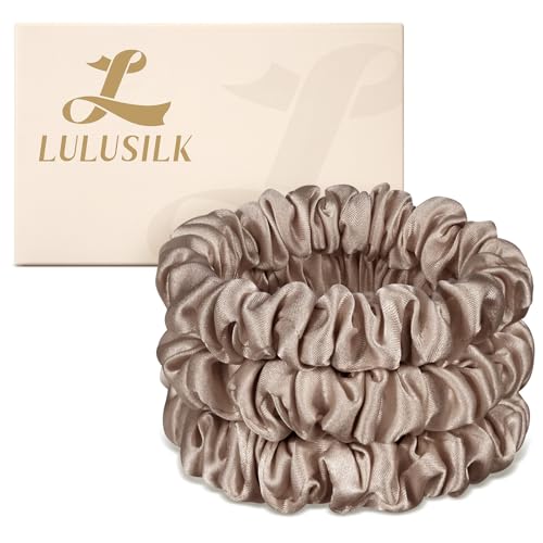 LULUSILK Small Silk Hair Ties No Damage, 100% Real Mulberry Silk, Skinny Scrunchies Ponytail Holders for Thin Fine Hair, Brown, Pack of 3 - color: Brown