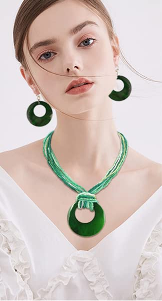 Coiris Multi Strand Statement Colorful Beaded Necklace with Big Circle Shell Pendant for Women - color: Dark Green