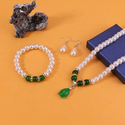 CSIYANJRY99 Pearl Jewelry Set for Women Prom Accessorie Faux Pearl Necklace Bracelet Earring Set Bride Bridesmaid Costume White Jewelry Sets - color: E-Green