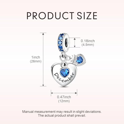 BLUELUNE Birthstone Charms, 925 Sterling Silver Dangle Charm with 5A Cubic Zirconia for Bracelets or Necklaces, Birthday, Mother's Day Present for Women - color: December