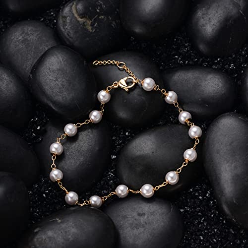 Gold Chain Bracelet for Women, 14K Gold Plated | Dainty Bracelets with Adjustable Chain, Trendy Jewelry Gift for Women - style: Pearl chain