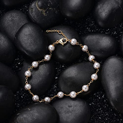 Gold Chain Bracelet for Women, 14K Gold Plated | Dainty Bracelets with Adjustable Chain, Trendy Jewelry Gift for Women - style: Pearl chain