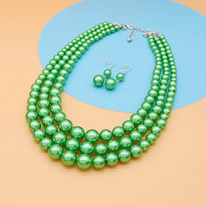 Chunky Layered Imitation Pearl Necklace for Women 3 strand Pearl Necklaces Faux Pearl Necklace Earrings Set 1920s Flapper Gatsby Costume Accessories - color: 3 strand pearl necklace green