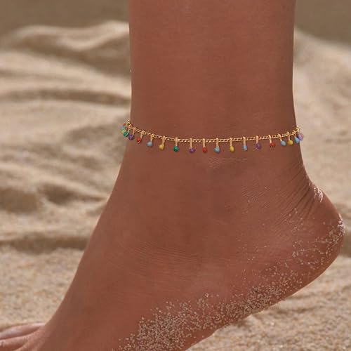 Gold Anklets for Women 14K Gold Plated Tiny Bead Anklet Colorful Tassel Foot Chain Dainty Adjustable Cute Summer Beach Boho Anklets Jewelry Gift - color: colorful tassel