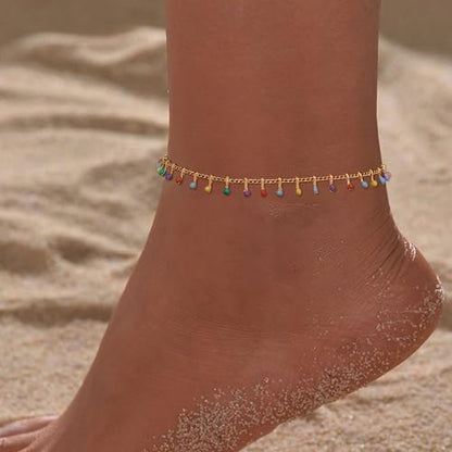 Gold Anklets for Women 14K Gold Plated Tiny Bead Anklet Colorful Tassel Foot Chain Dainty Adjustable Cute Summer Beach Boho Anklets Jewelry Gift - color: colorful tassel