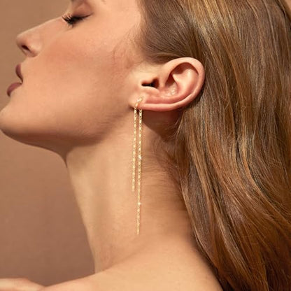 Robaice 14K Gold Plated Dangle Earrings for Women, Long Drop Earrings | Dainty Tassel Earrings Trendy, Hypoallergenic Dangling Lip Block Snake Chain, Threader Earrings for Women, Jewelry Gifts - color: Gold 3