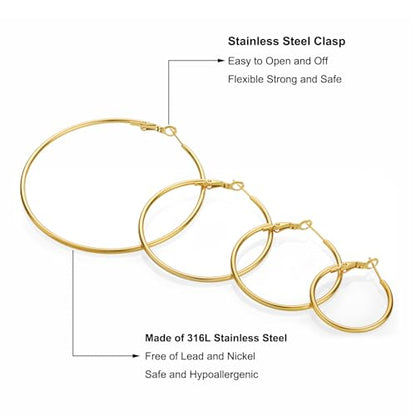 4 Pairs Gold Hoop Earrings for Women | 14K Gold Plated Hypoallergenic Small Large Earrings Set, Lightweight Stainless Steel Hoops - color: Gold