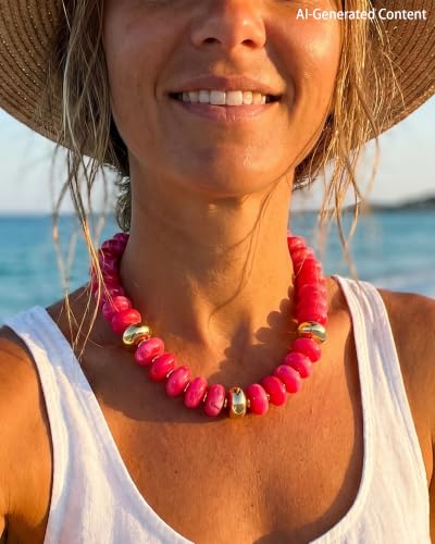 FIRAZIO Colorful Chunky Beaded Necklaces for Women | Trendy Statement Necklace Choker Necklace Boho Summer Beach Vacation Jewelry Gift - color: Rose Red Beaded