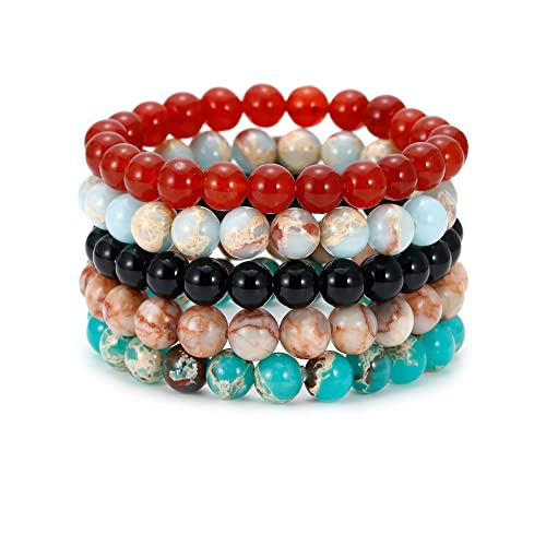 BOMAIL 5PCS Semi-Precious Gemstone Beaded Bracelet 8mm Round Beaded | Healing Crystal Stone, Stretch Bracelets, Unisex, Handmade,Elastic,Yoga Beads Bracelets,Jewelry Gift - color: A