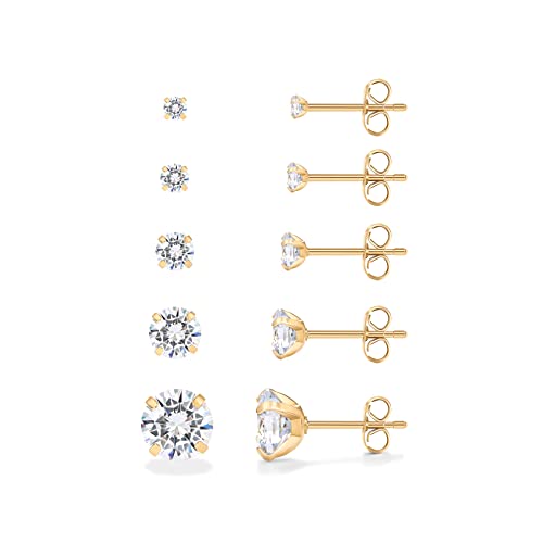 PAVOI Waterproof Stud Earrings for Women, 14K Gold Plated CZ Set of 5 | Hearts and Arrows Cubic Zirconia, Hypoallergenic Earrings, Earrings for Men and Women, Everyday Studs - style: Yellow Gold