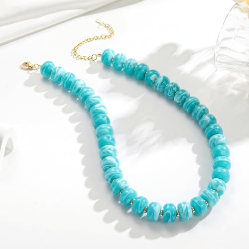 Beaded Necklaces for Women - Colorful Acrylic Beaded Chunky Necklace | Adjustable Statement Necklace, Puffy Heart Pendant, Boho Choker Necklace, Waterproof Summer Beach Jewelry, Gifts for Vacation - color: Turquoise